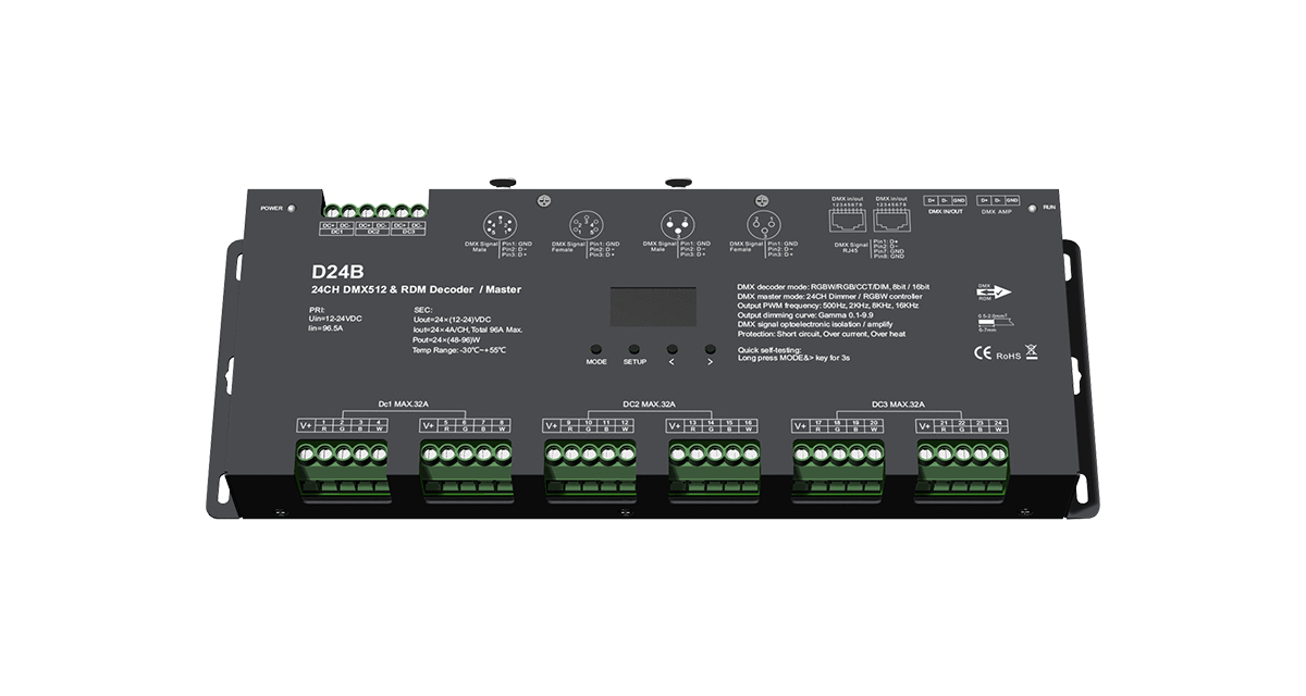 D24B 24-Channel DMX512 Decoder | 4A × 24CH 12–24V CV OLED Controller