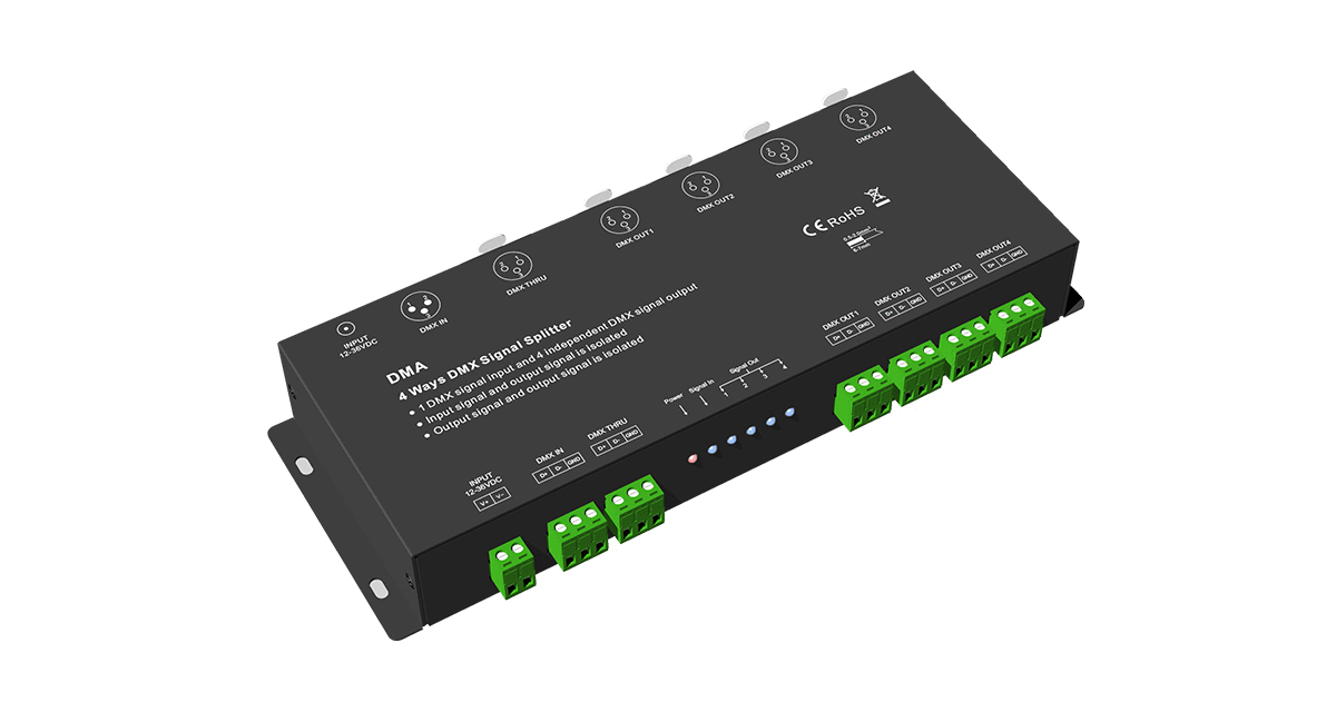 DMA 4-Channel DMX Signal Splitter | 12–36V DC DMX512 Distributor