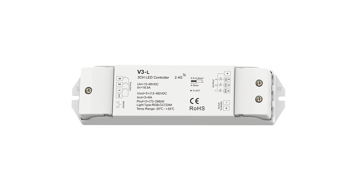 V3-L LED Controller | 3CH 6A 12–48V Push-Dim Constant Voltage