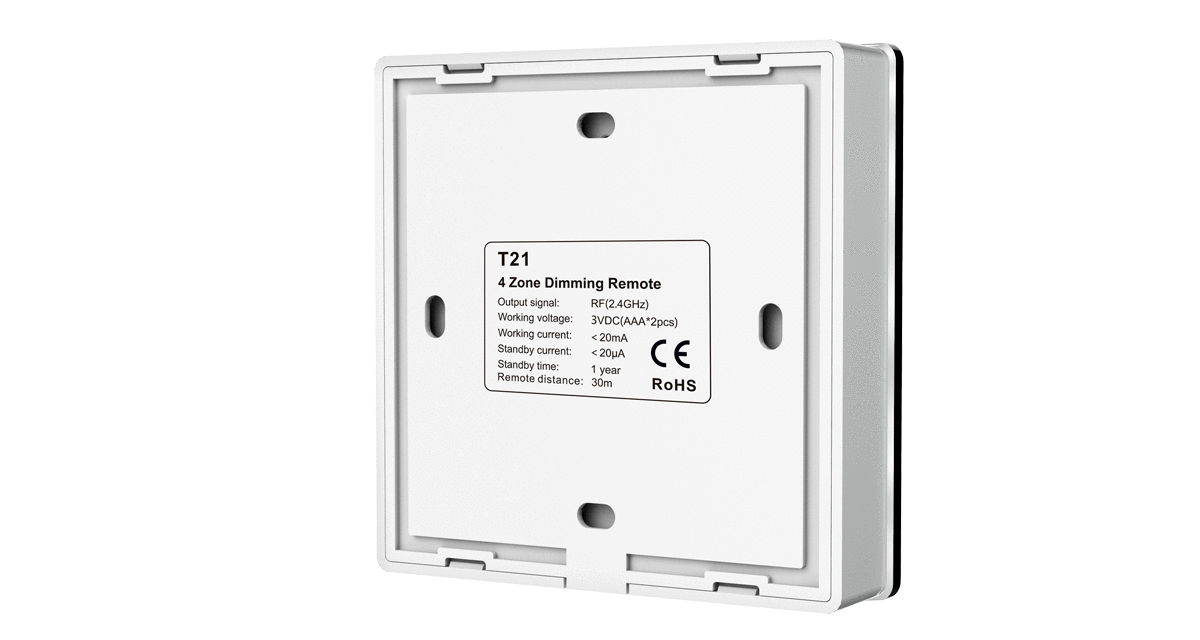 T21 RF LED Dimmer Remote | 4-Zone 2.4G Controller (AAA Battery)