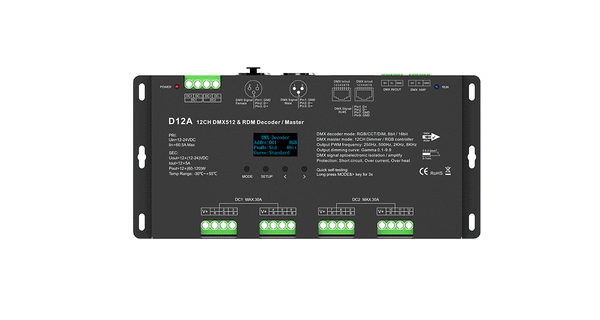 D12A 12-Channel DMX512 Decoder | 5A × 12CH 12–24V CV OLED Controller ...
