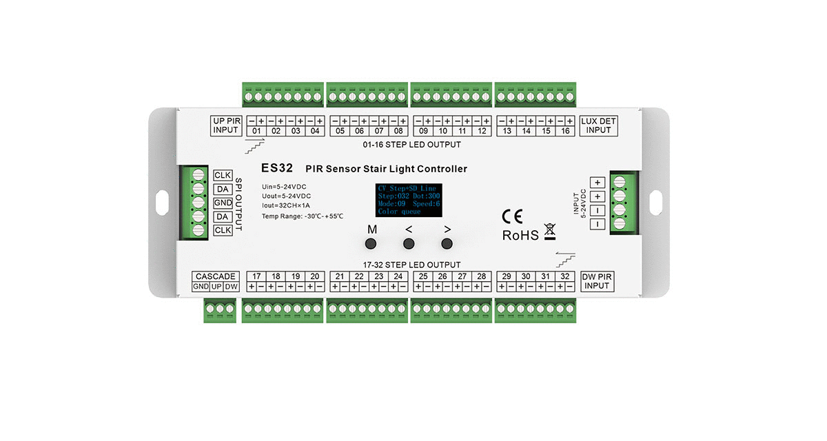 ES32 Stair Light Controller | 32CH 1A PIR Sensor 5–24V LED Driver