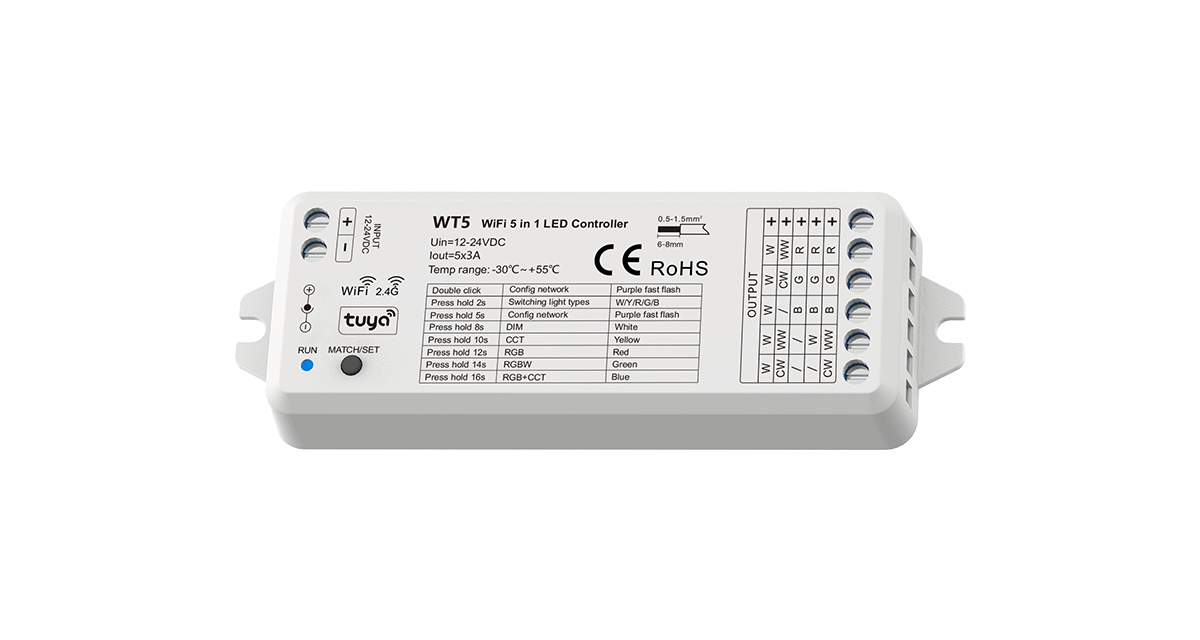 WT5 5CH*3A 12-24V WiFi & RF 5 in 1 CV Controller (Tuya App)
